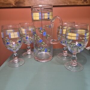 Vintage 90s Studio Nova Gingham Blue Pitcher Plus 4 Goblets Handpainted Japan